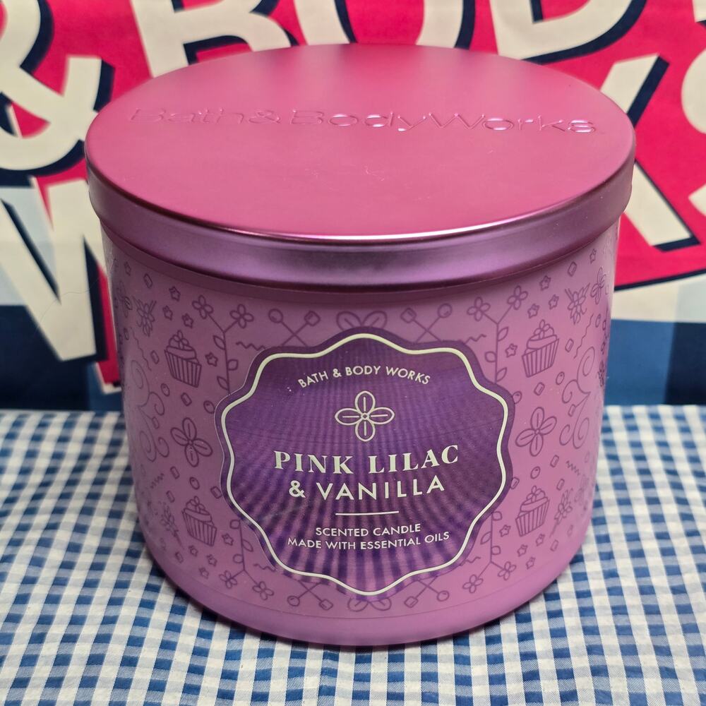 BBW Pink Lilac & Vanilla Large 3 Wick Candle Home Fragrance Pink Jar Design